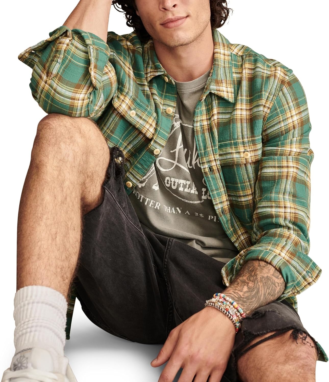 image:imageLucky Brand Mens Big Slub Twill Plaid Long Sleeve Utility ShirtGreen Multi