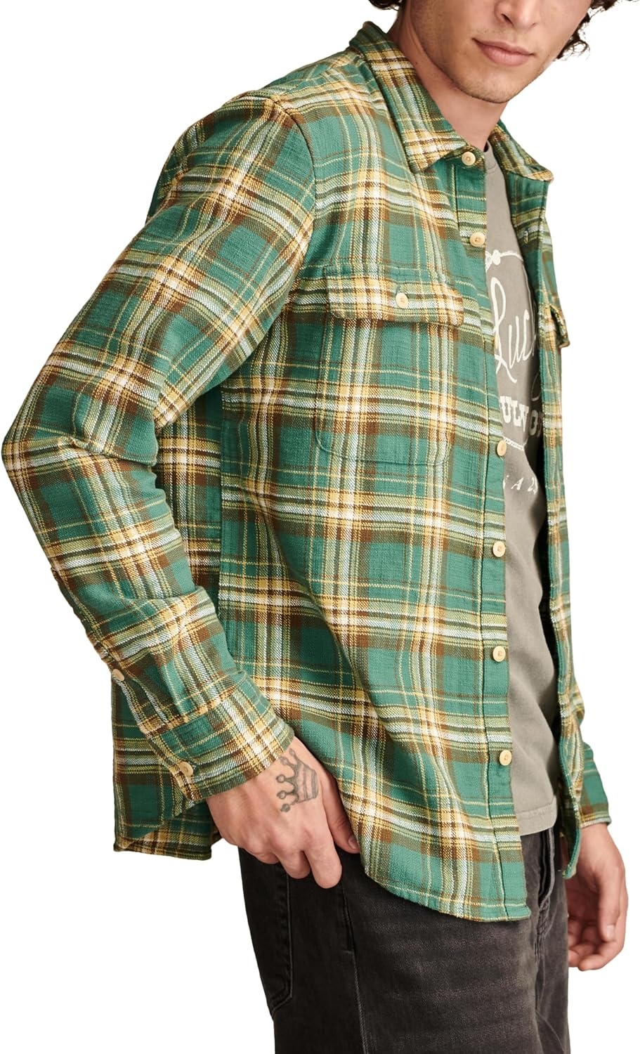 image:imageLucky Brand Mens Big Slub Twill Plaid Long Sleeve Utility ShirtGreen Multi