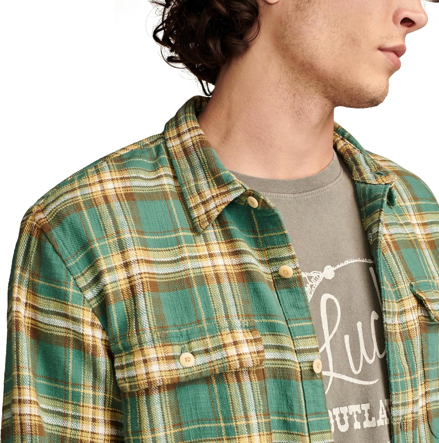 image:imageLucky Brand Mens Big Slub Twill Plaid Long Sleeve Utility ShirtGreen Multi