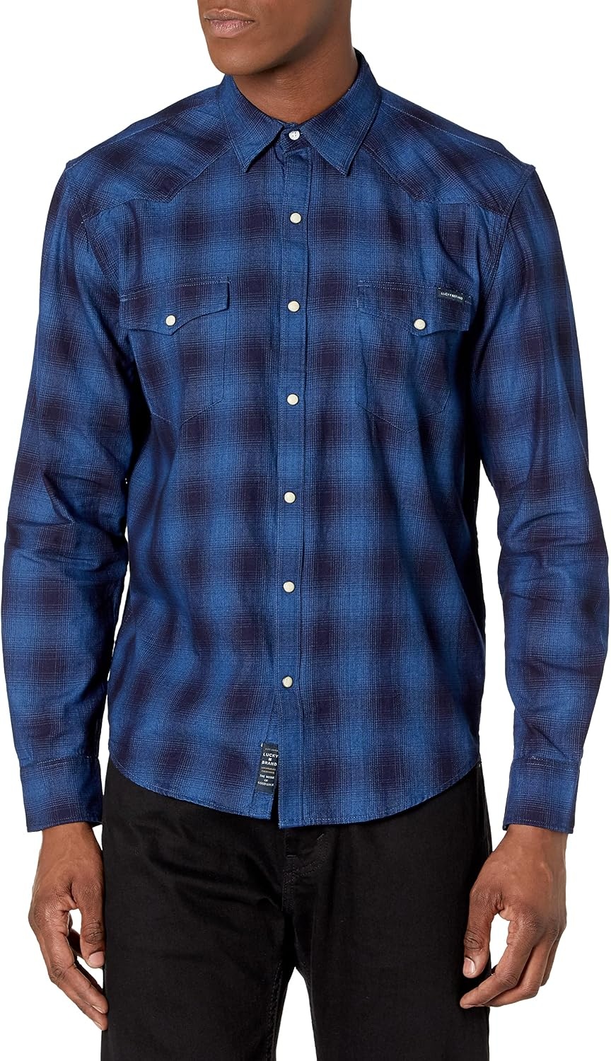 image:imageLucky Brand Mens Indigo Plaid Western Long Sleeve ShirtBlue Multi