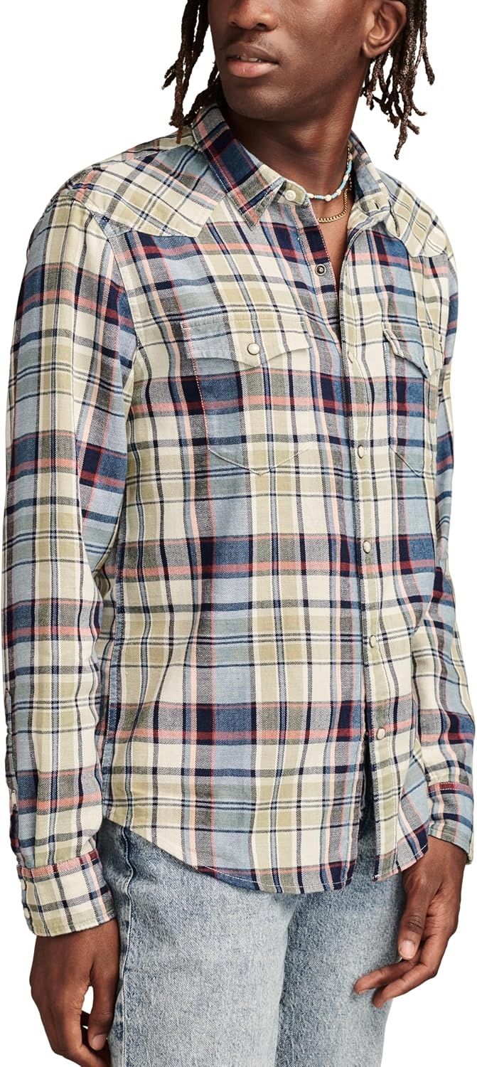 image:imageLucky Brand Mens Indigo Plaid Western Long Sleeve ShirtMulti
