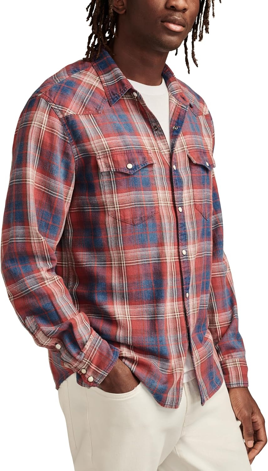 image:imageLucky Brand Mens Indigo Plaid Western Long Sleeve ShirtRed Multi