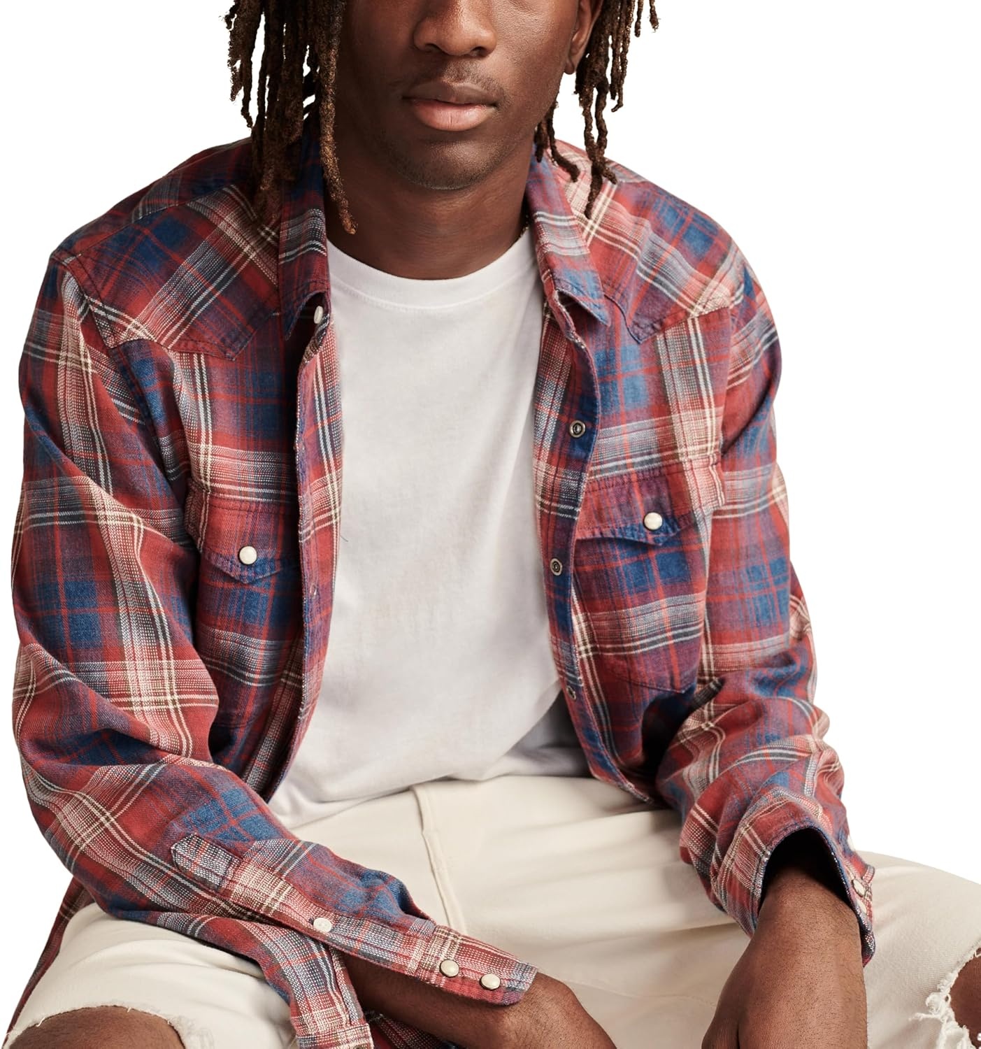 image:imageLucky Brand Mens Indigo Plaid Western Long Sleeve ShirtRed Multi