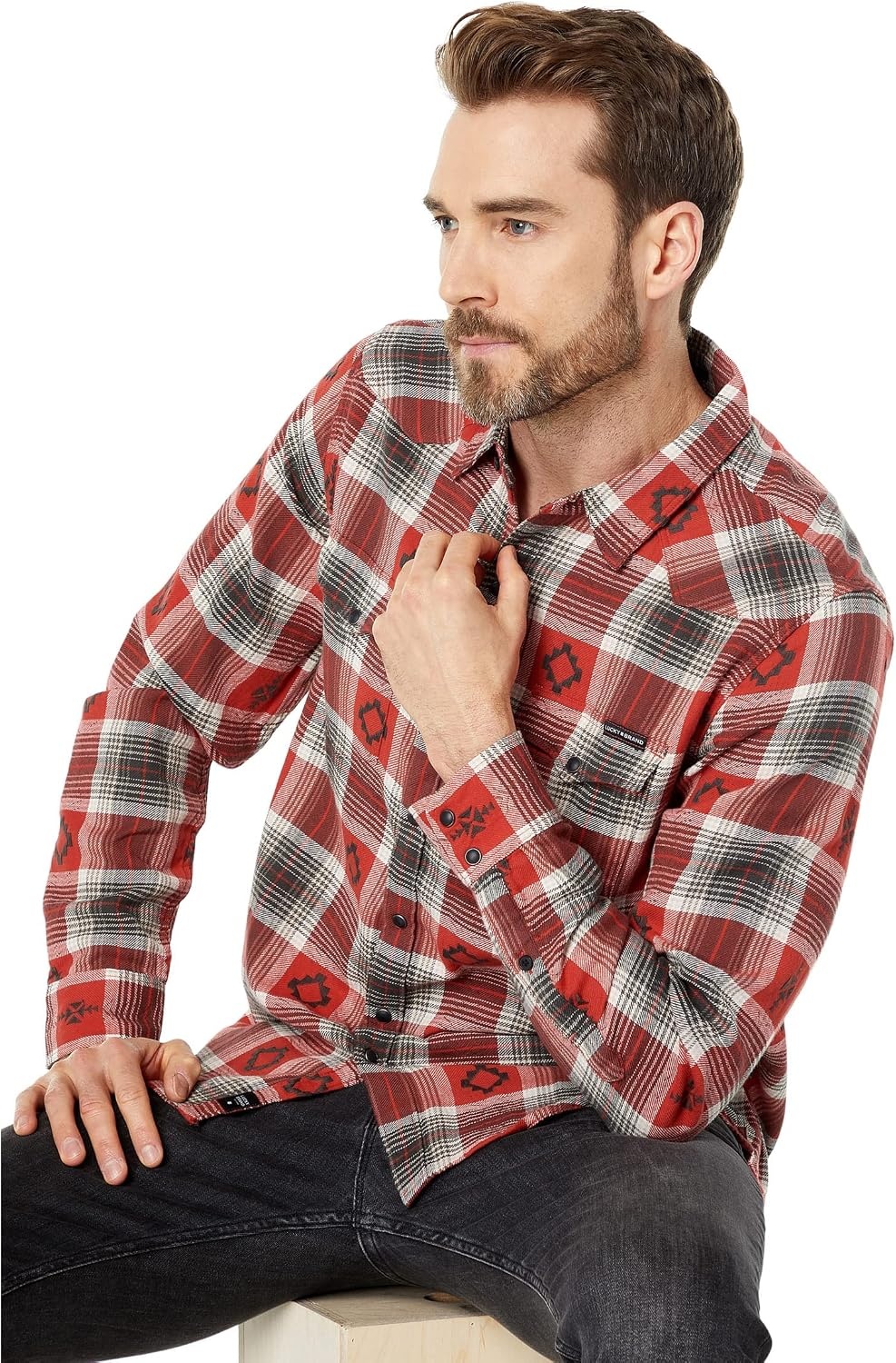 image:imageLucky Brand Mens Indigo Plaid Western Long Sleeve ShirtRed Plaid