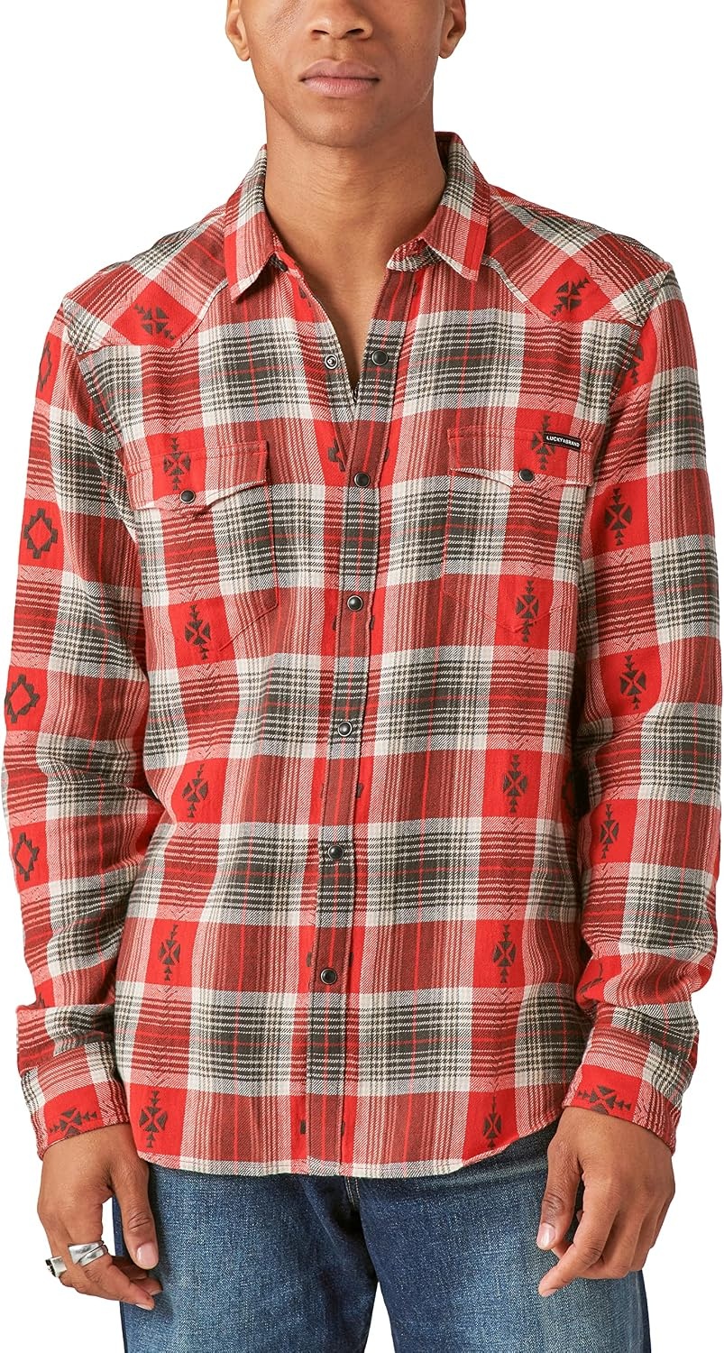 image:imageLucky Brand Mens Indigo Plaid Western Long Sleeve ShirtRed Plaid