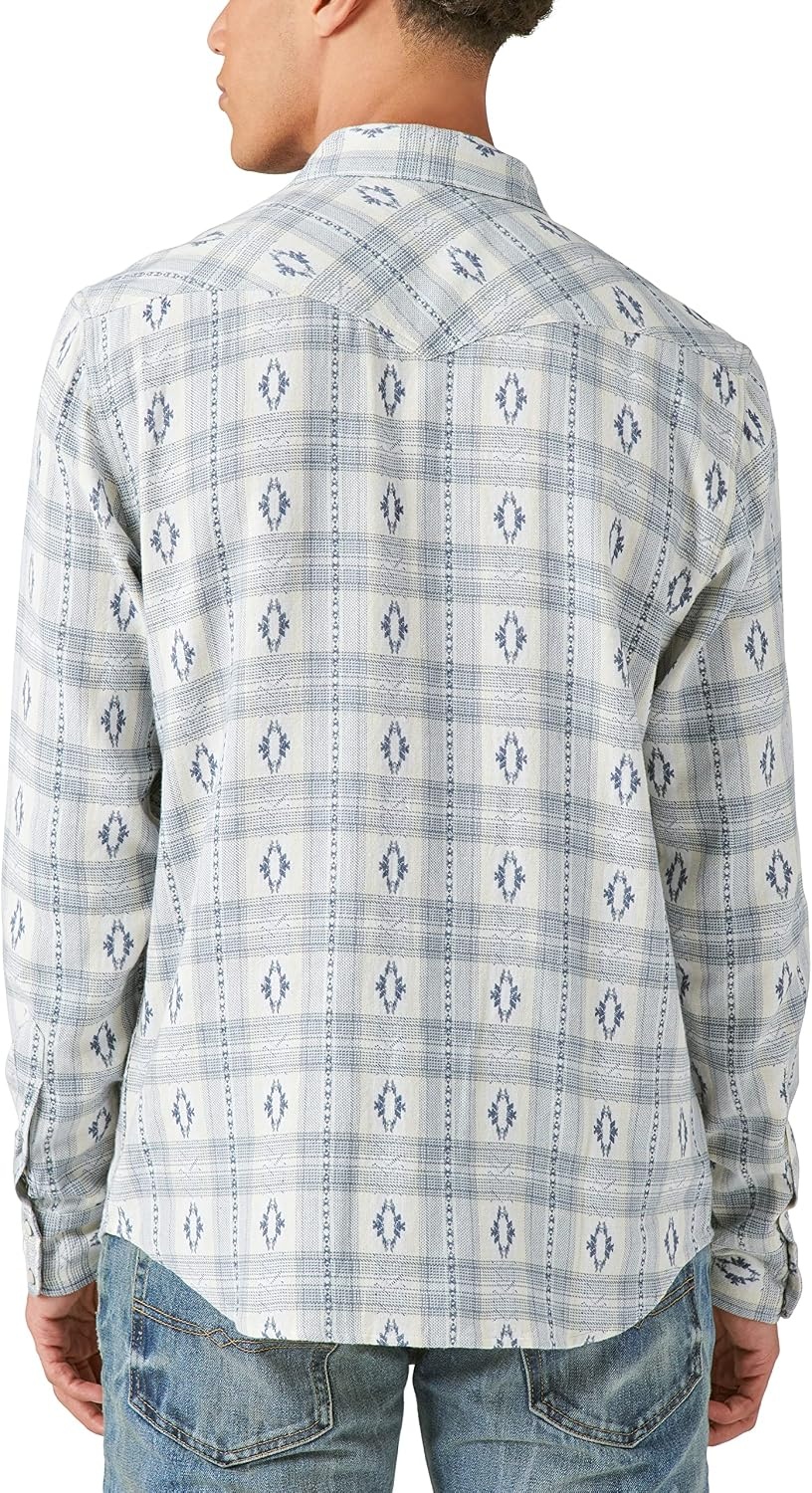 image:imageLucky Brand Mens Indigo Plaid Western Long Sleeve ShirtWhite Blue Combo