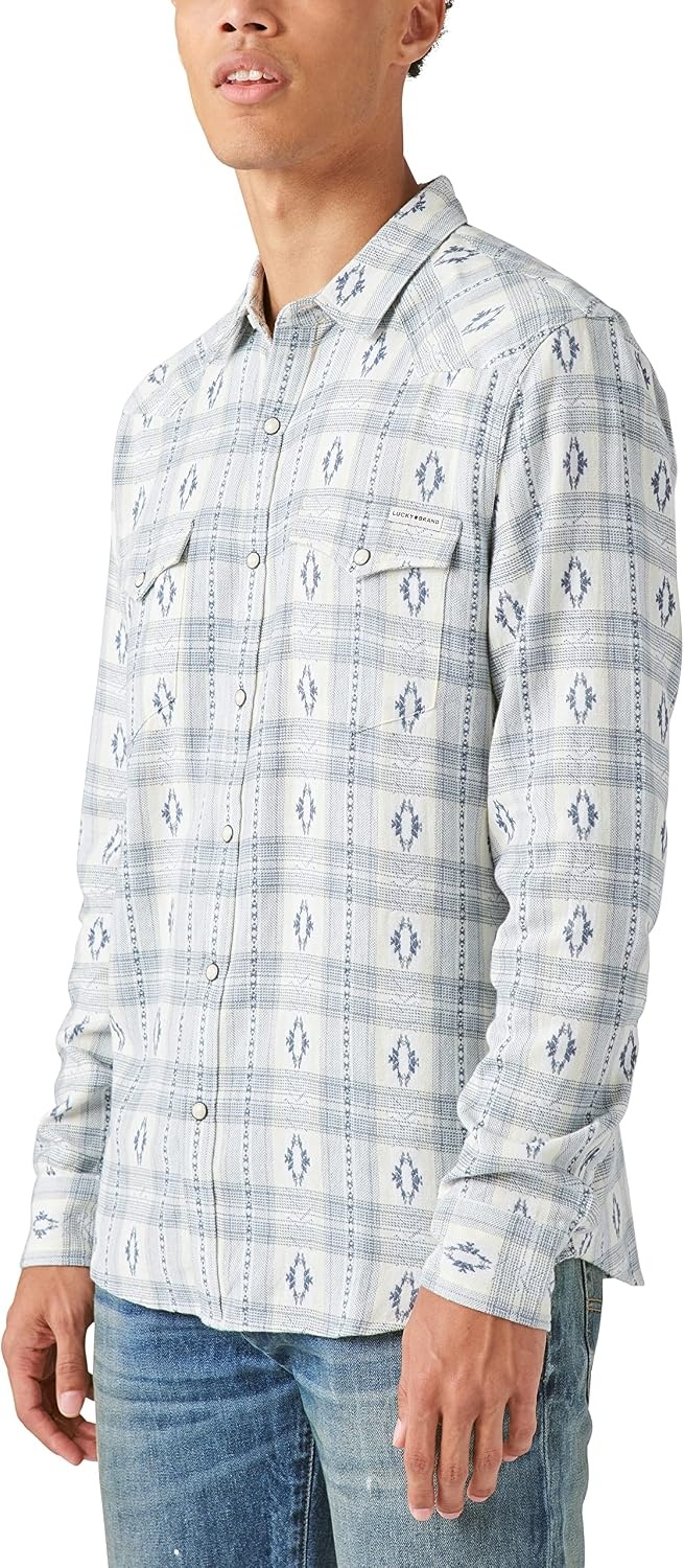 image:imageLucky Brand Mens Indigo Plaid Western Long Sleeve ShirtWhite Blue Combo