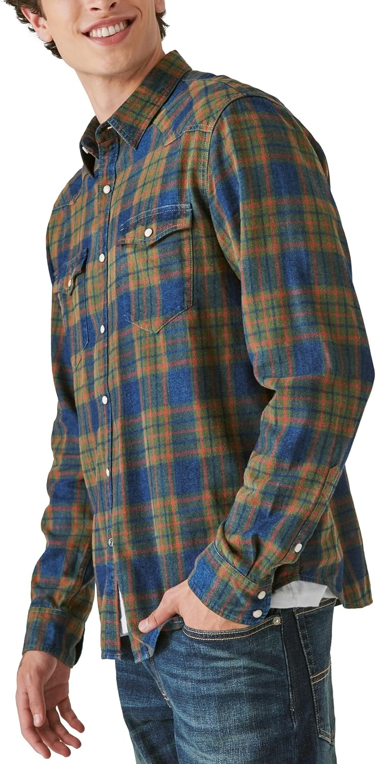 image:imageLucky Brand Mens Plaid Indigo Western Long Sleeve ShirtGreen Plaid