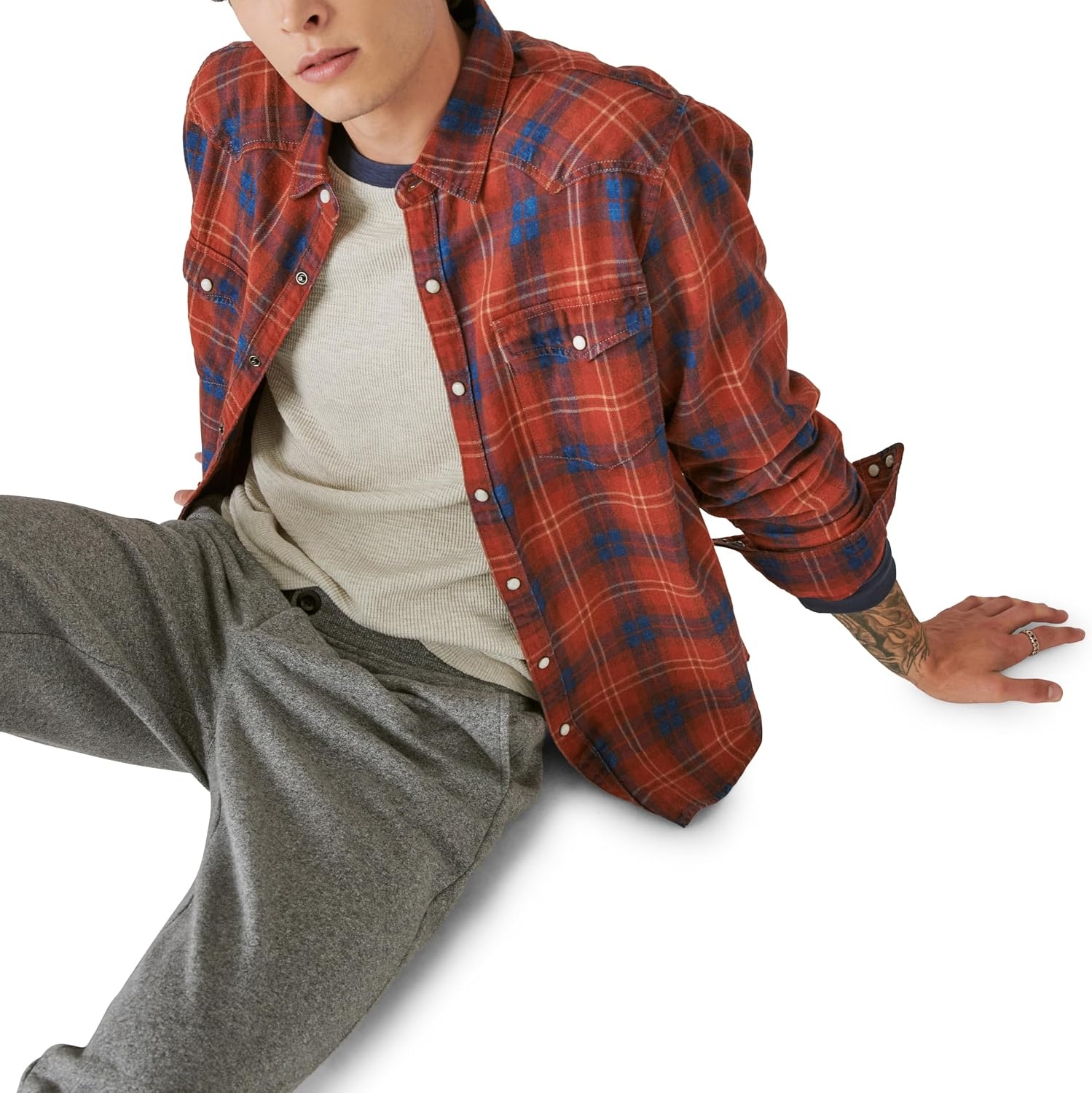 image:imageLucky Brand Mens Plaid Indigo Western Long Sleeve ShirtRed Plaid