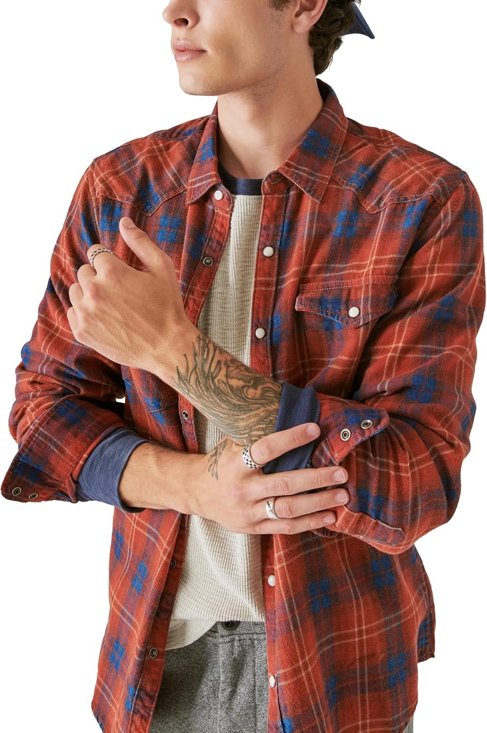 image:imageLucky Brand Mens Plaid Indigo Western Long Sleeve ShirtRed Plaid