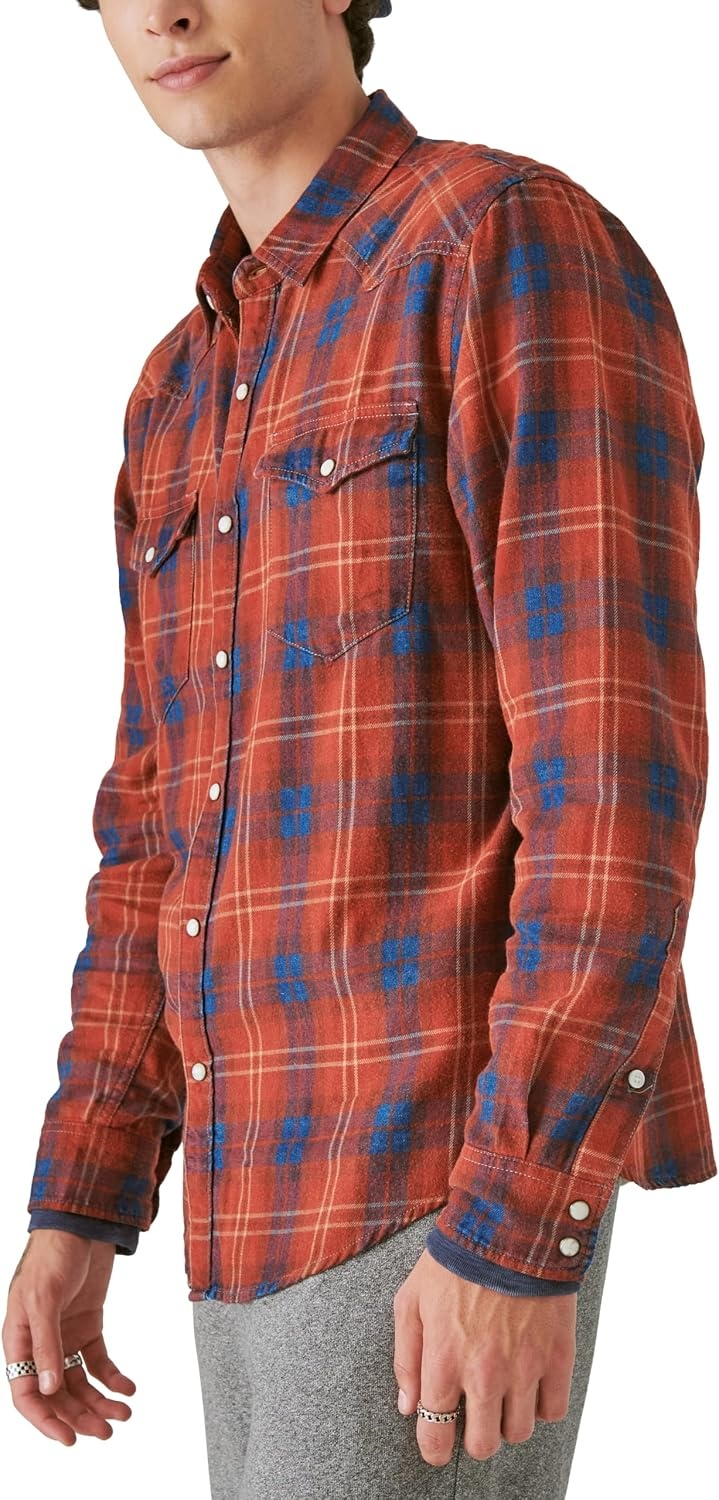 image:imageLucky Brand Mens Plaid Indigo Western Long Sleeve ShirtRed Plaid