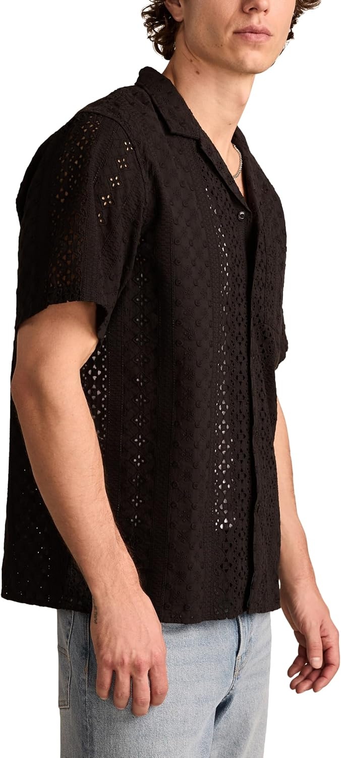 image:imageLucky Brand Mens Short Sleeve Eyelet Camp Collar ShirtRaven