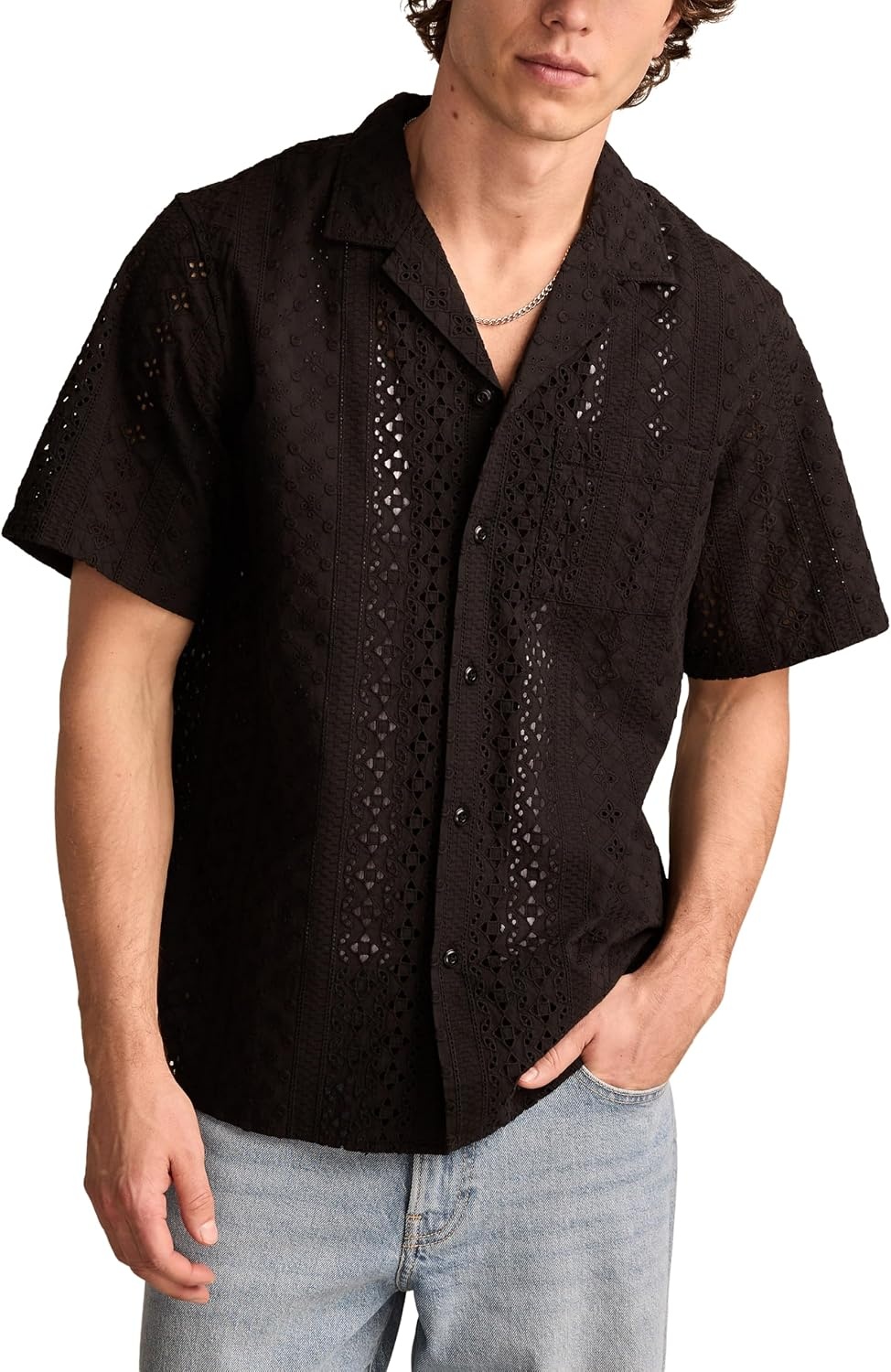 image:imageLucky Brand Mens Short Sleeve Eyelet Camp Collar ShirtRaven