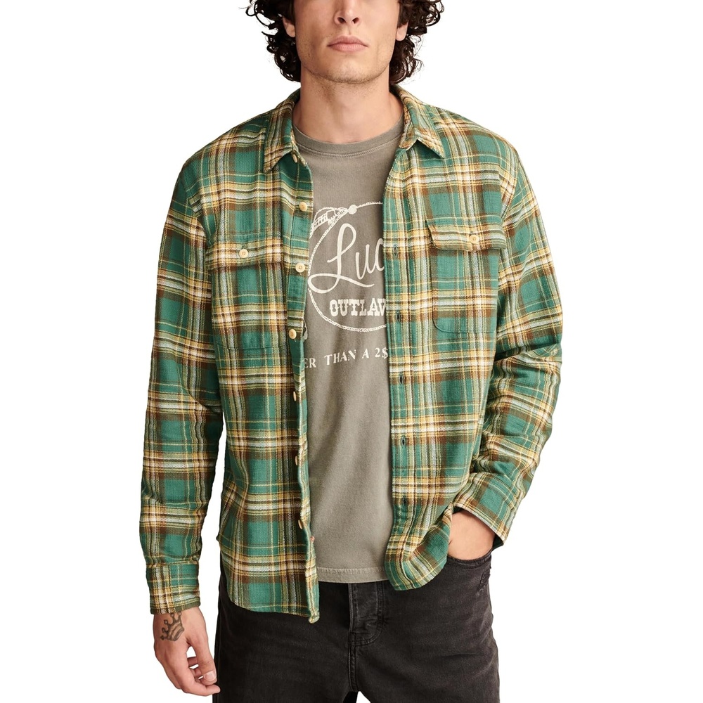 image:imageLucky Brand Mens Big Slub Twill Plaid Long Sleeve Utility ShirtGreen Multi