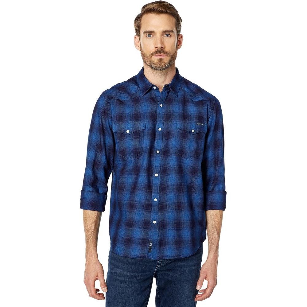 image:imageLucky Brand Mens Indigo Plaid Western Long Sleeve ShirtBlue Multi