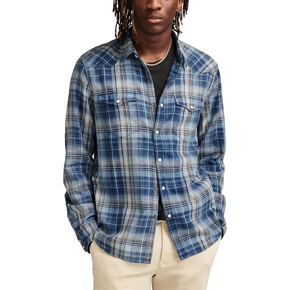 image:imageLucky Brand Mens Indigo Plaid Western Long Sleeve ShirtDark Indigo