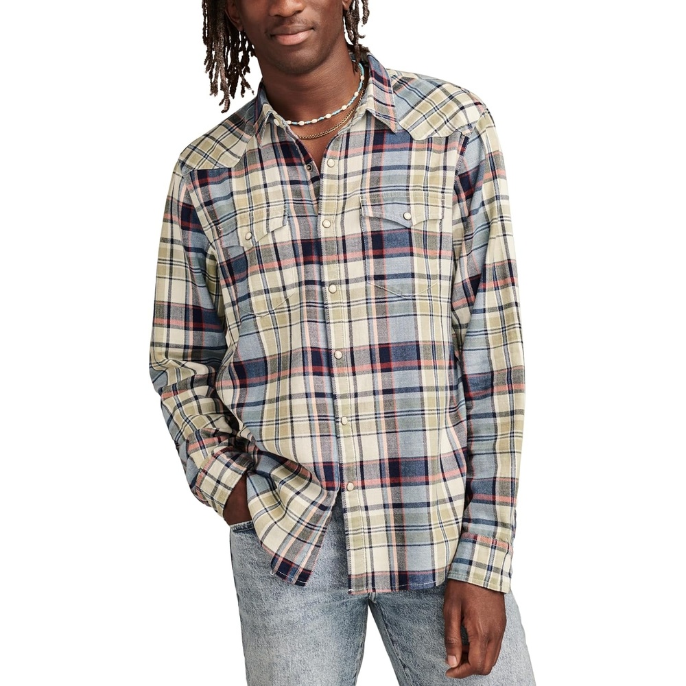 image:imageLucky Brand Mens Indigo Plaid Western Long Sleeve ShirtMulti