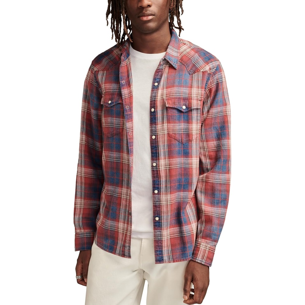 image:imageLucky Brand Mens Indigo Plaid Western Long Sleeve ShirtRed Multi