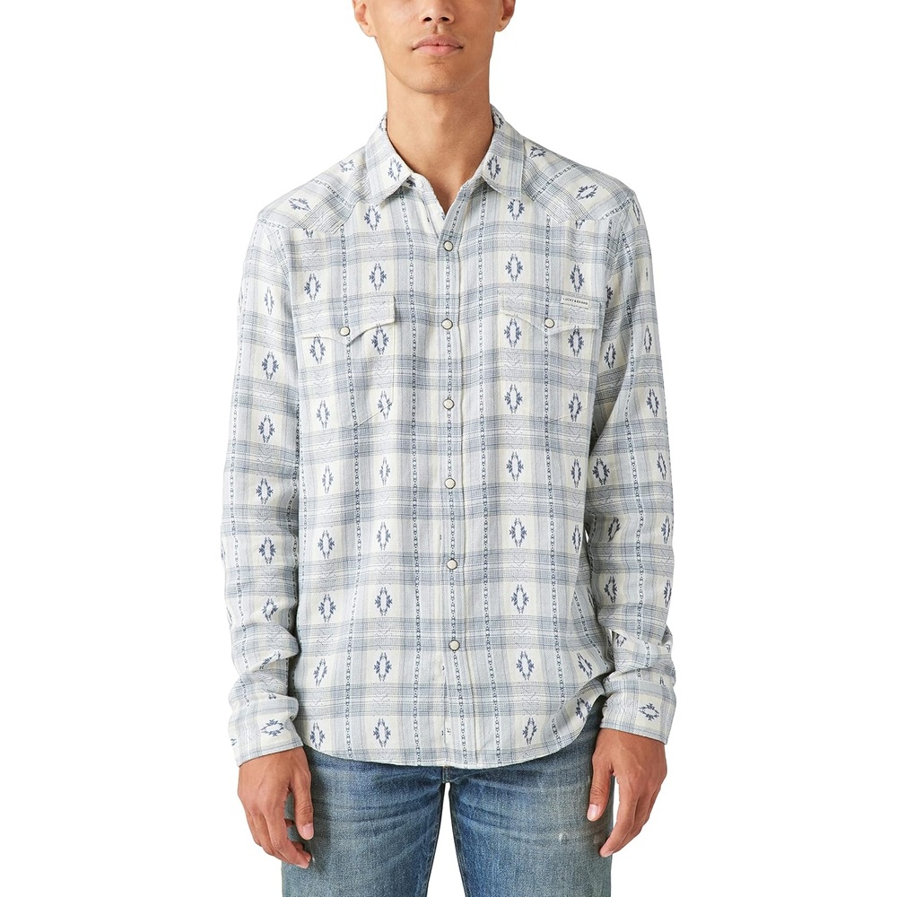 image:imageLucky Brand Mens Indigo Plaid Western Long Sleeve ShirtWhite  Blue Combo