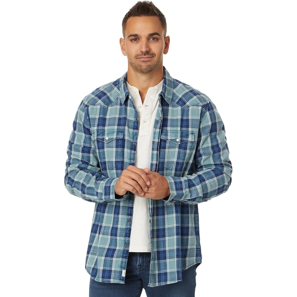 image:imageLucky Brand Mens Plaid Indigo Western Long Sleeve ShirtBlue Multi
