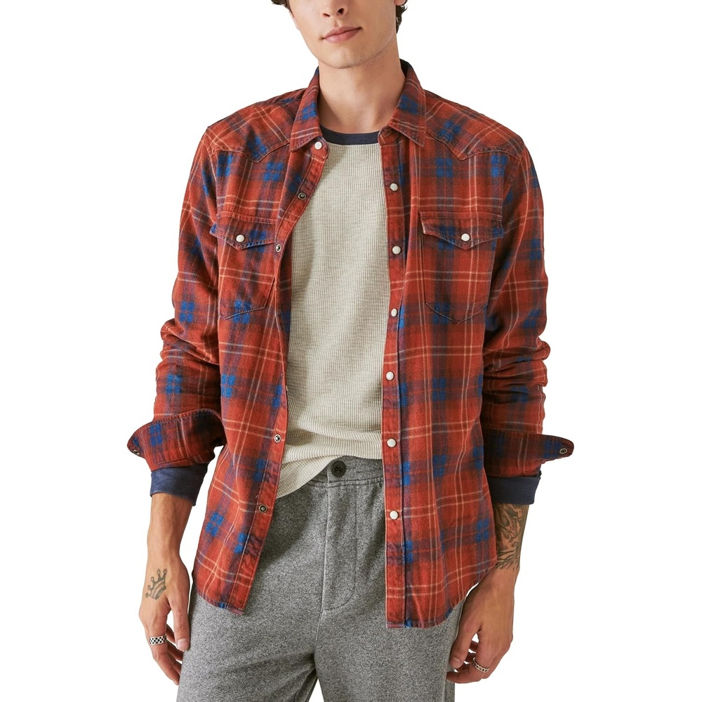 image:imageLucky Brand Mens Plaid Indigo Western Long Sleeve ShirtRed Plaid