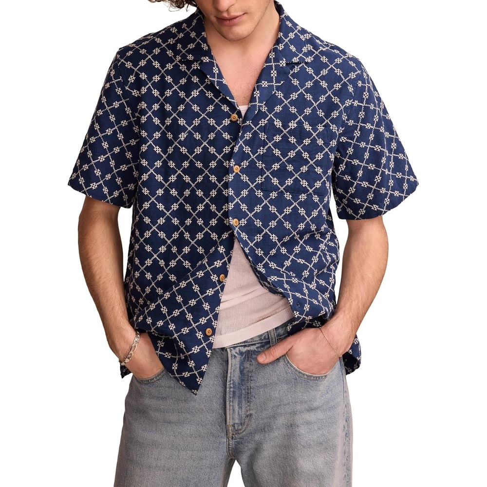 image:imageLucky Brand Mens Short Sleeve Eyelet Camp Collar ShirtBlue Embroidery