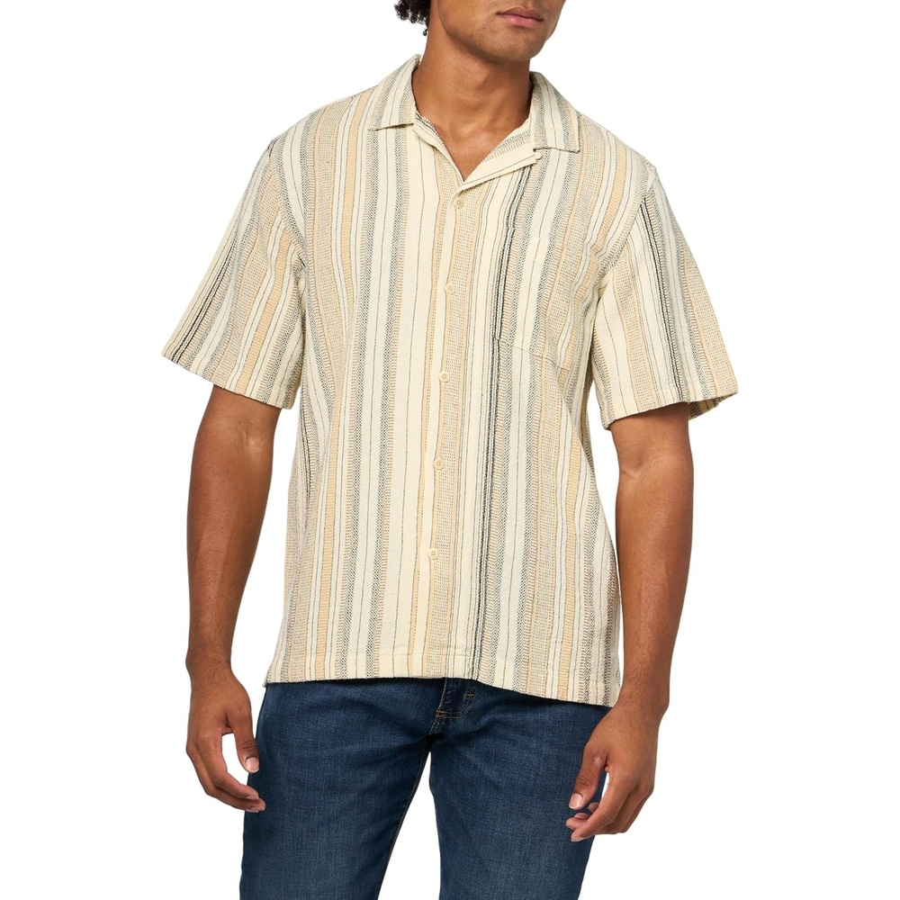 image:imageLucky Brand Mens Striped Short Sleeve Camp Collar ShirtCream Multi