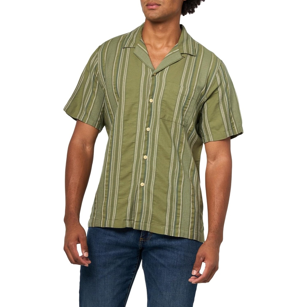image:imageLucky Brand Mens Striped Short Sleeve Camp Collar ShirtOlive Multi